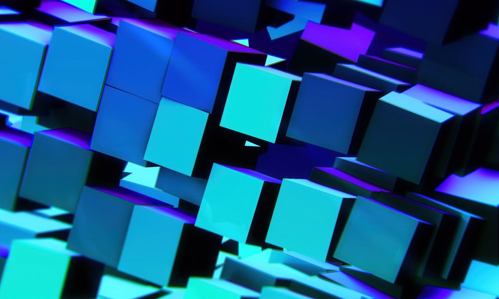 Cubes bleus et violets en perspective, évoquant la mémoire d'un serveur